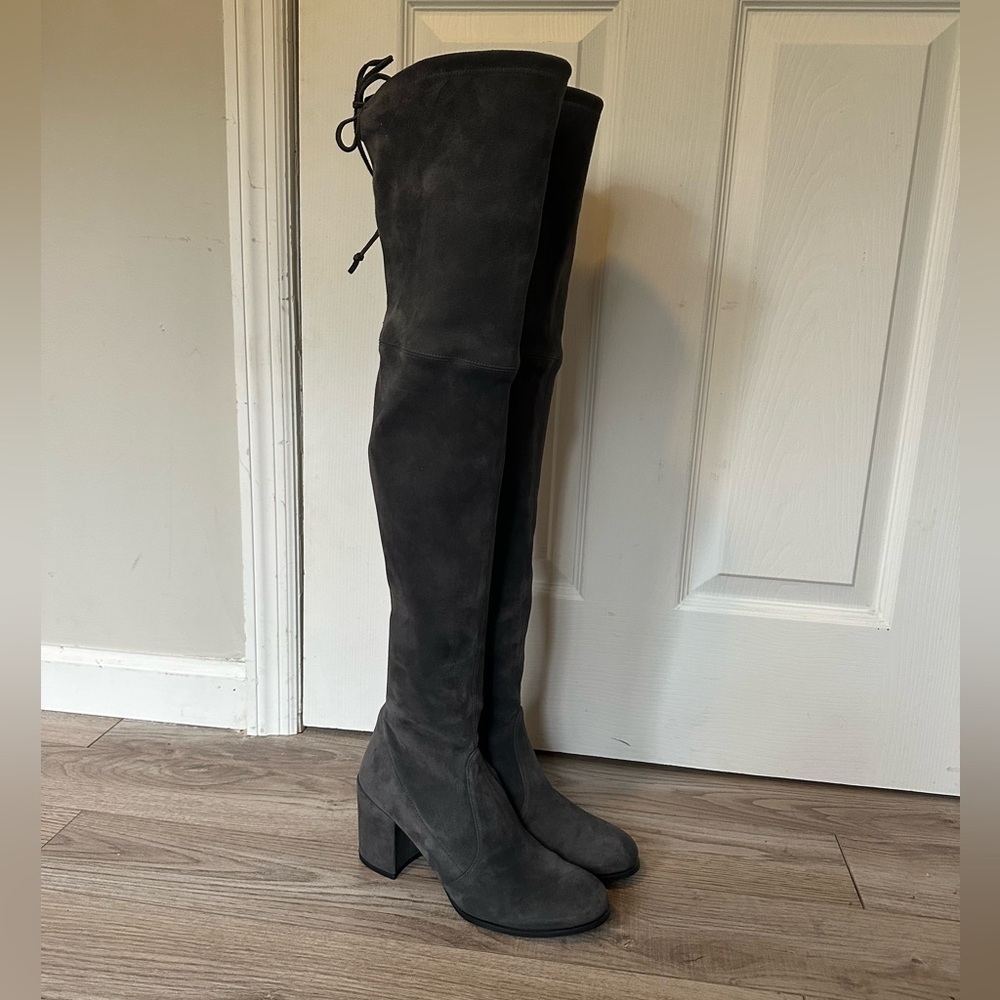 Stuart Weitzman over the Knee Tieland Boots Gray Suede